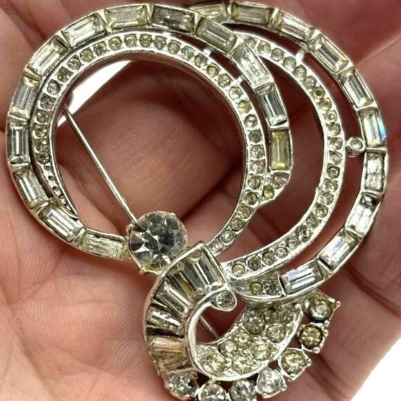 1930's Rhodium Plated Rhinestone Brooch Fancy Pin Elegant - Picture 3 of 5
